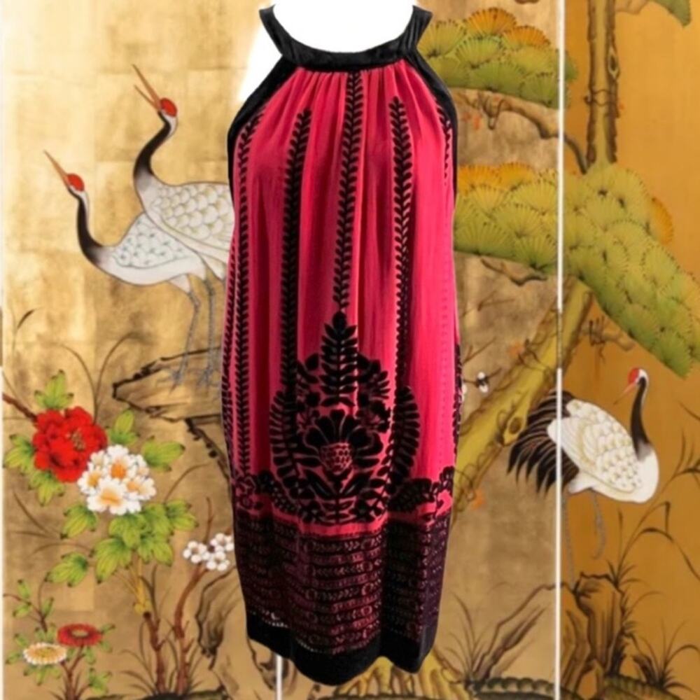 STUDIO Red Halter Dress with Black Velvet Trim SZ Med Petite